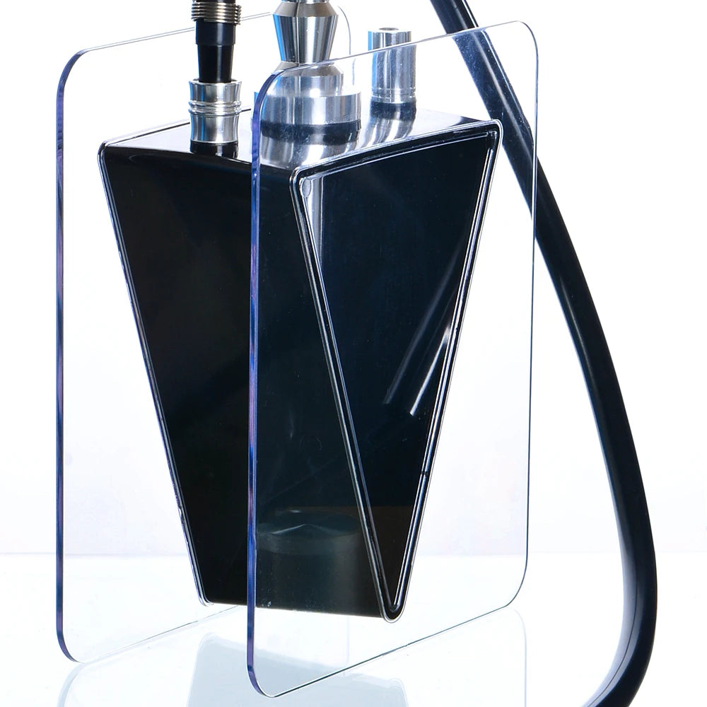 Black triangular vase with a clear stand on a white background