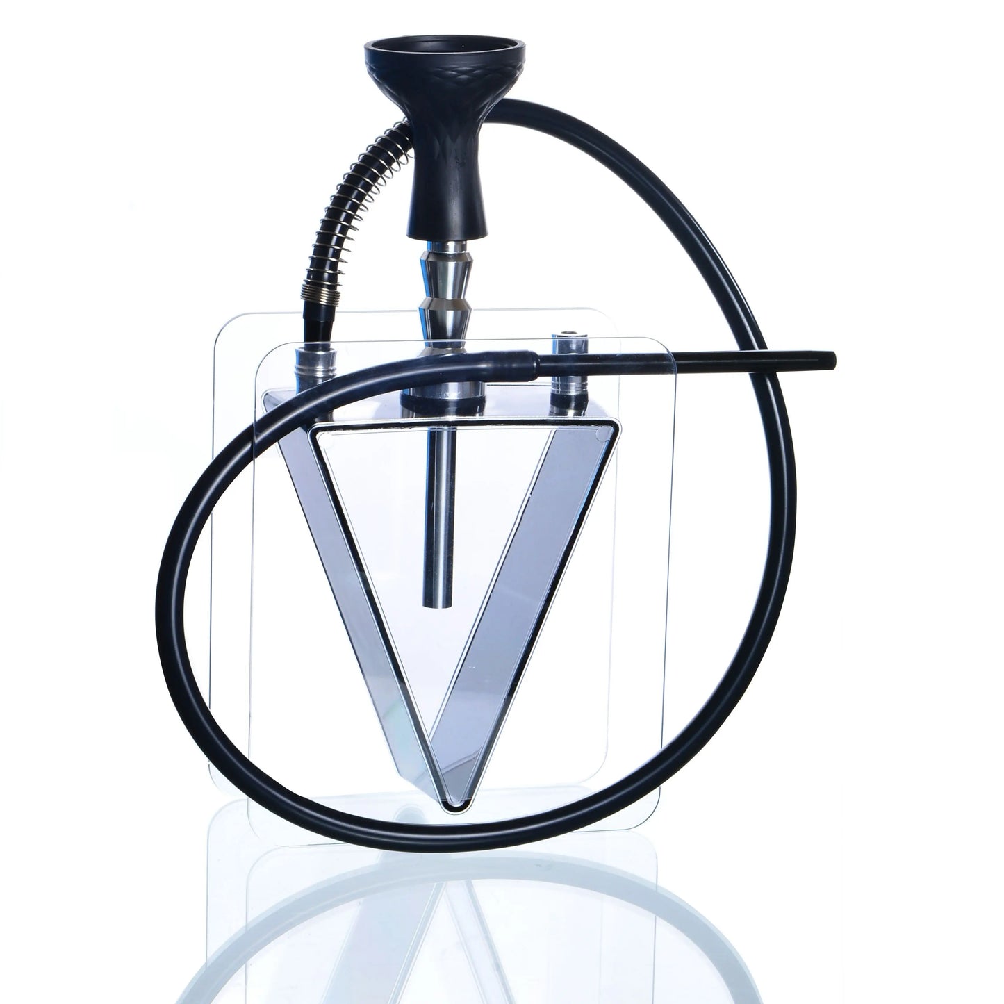 Shisha with clear chamber and black hose on a white background