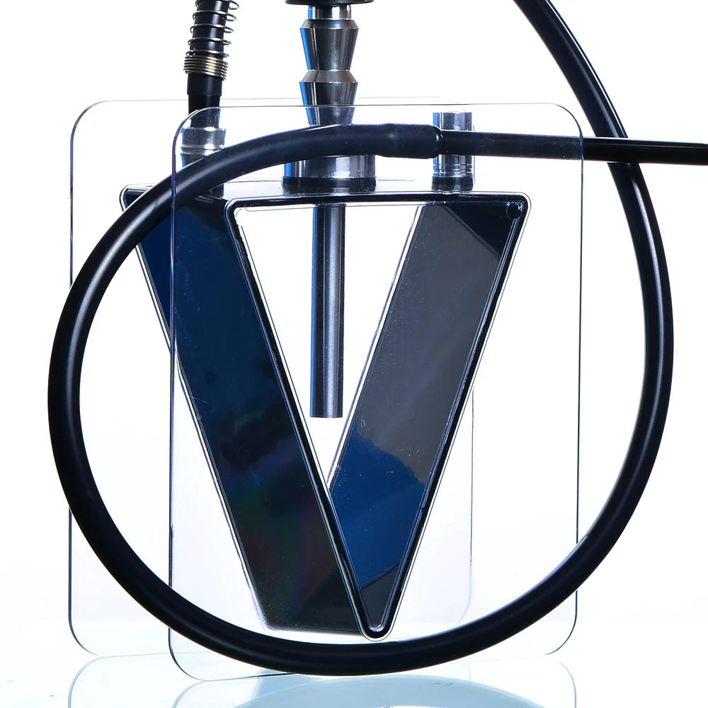 Close-up of a hookah with a transparent chamber and black hose on a white background