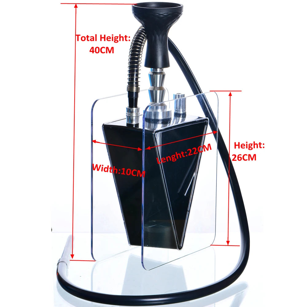 Black hookah with clear stand and measurements on a white background