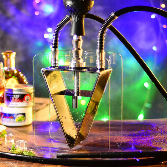 Hookah with a gold bowl on a colorful background