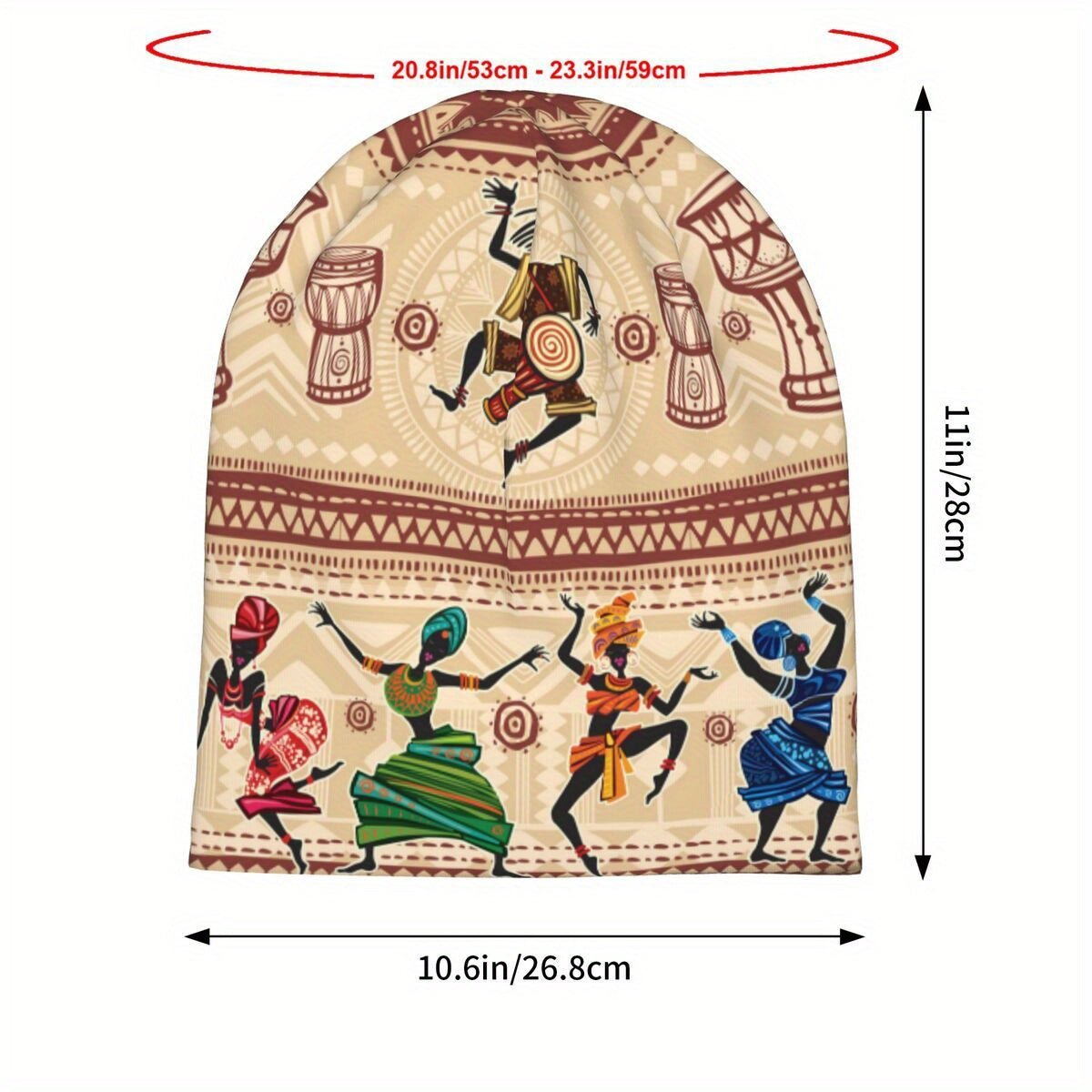Beanie with African dancer design and measurements on a white background