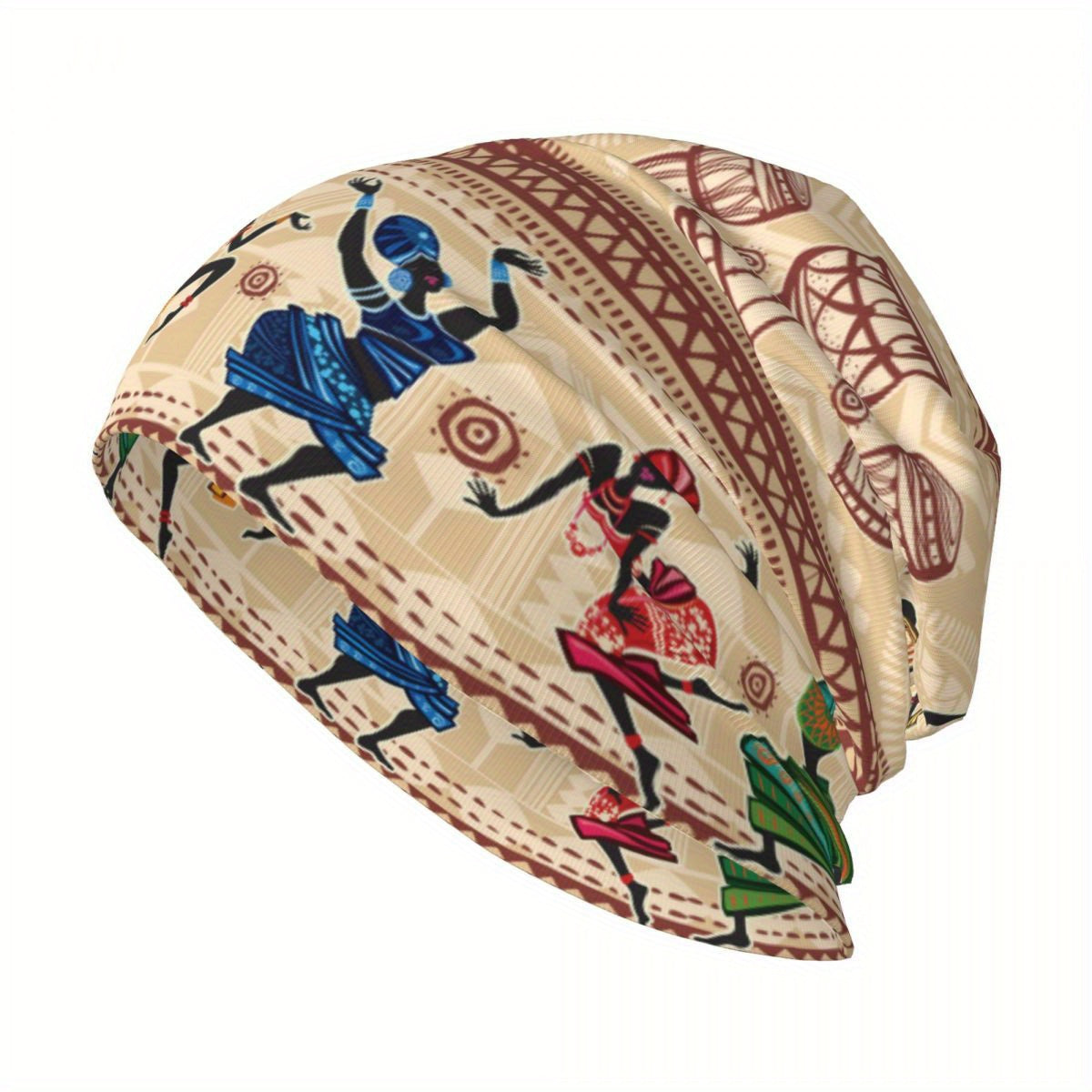 Decorative headscarf with African-inspired designs on a beige background