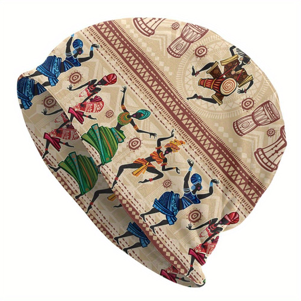 Bucket hat with African dancers and drums design on a beige background
