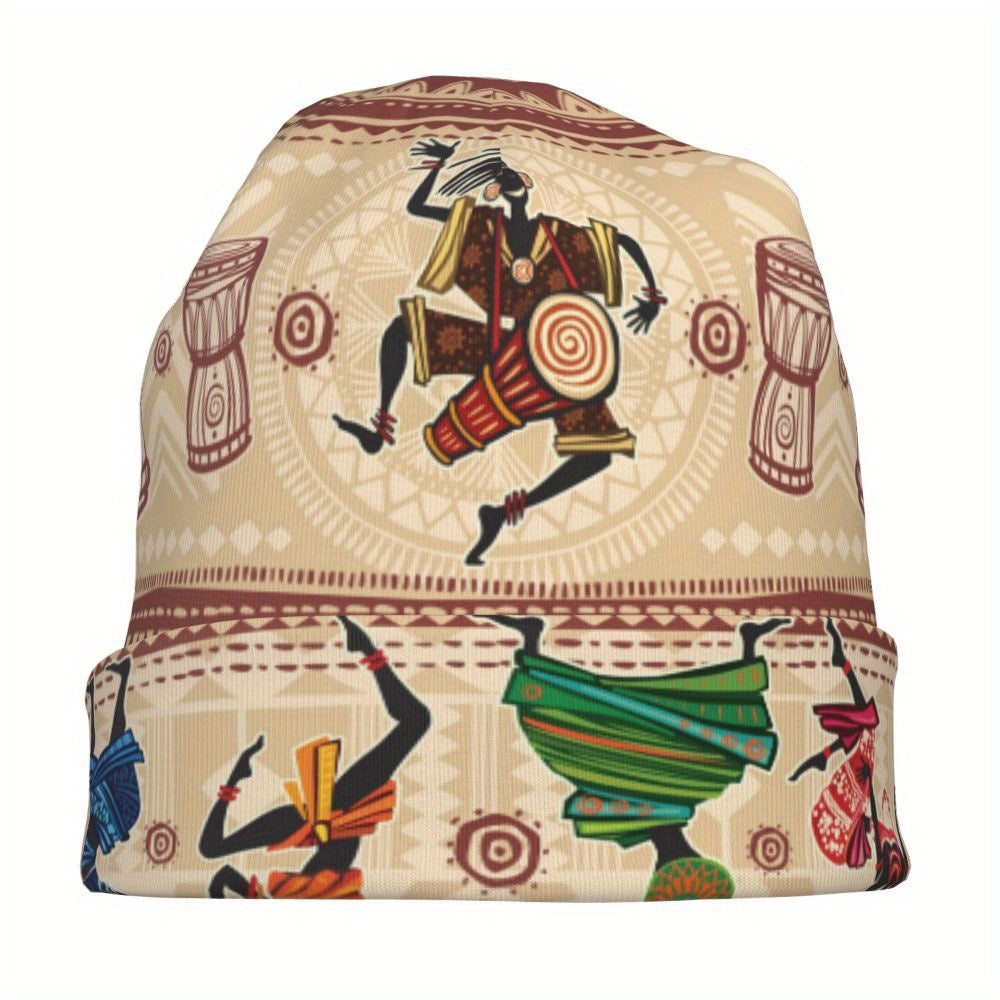 Beige Africa design beanie skullcap with colorful African dancer design on a white background