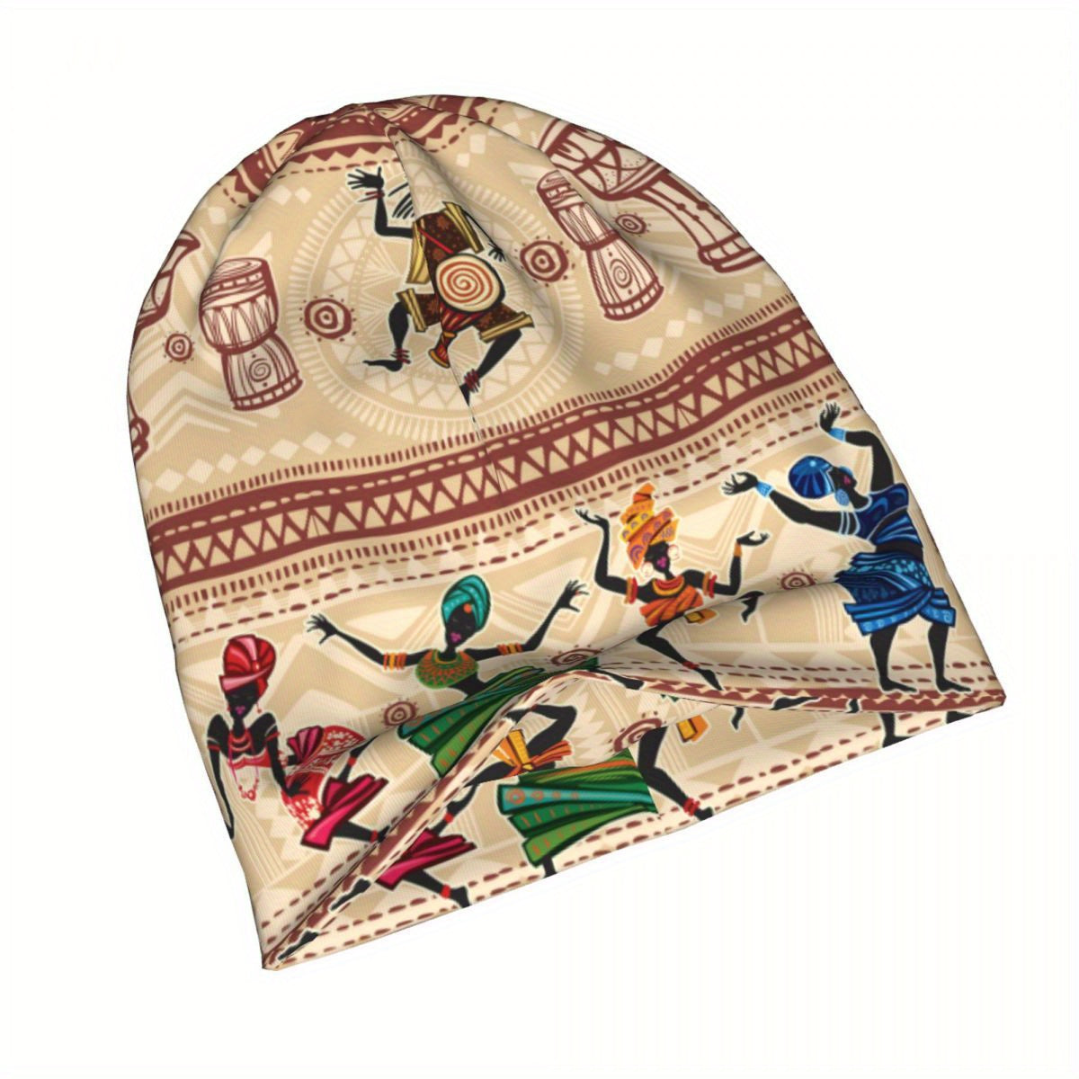 Beanie with colorful African dancer design on a beige background