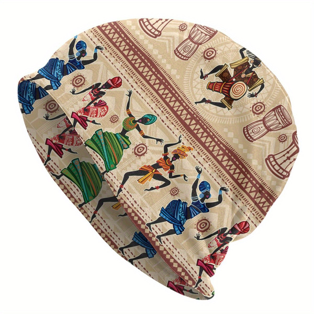 Decorative headscarf with African dancing pattern and drums design on a beige background