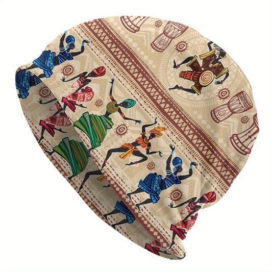Decorative headscarf with African dancing pattern and drums design on a beige background