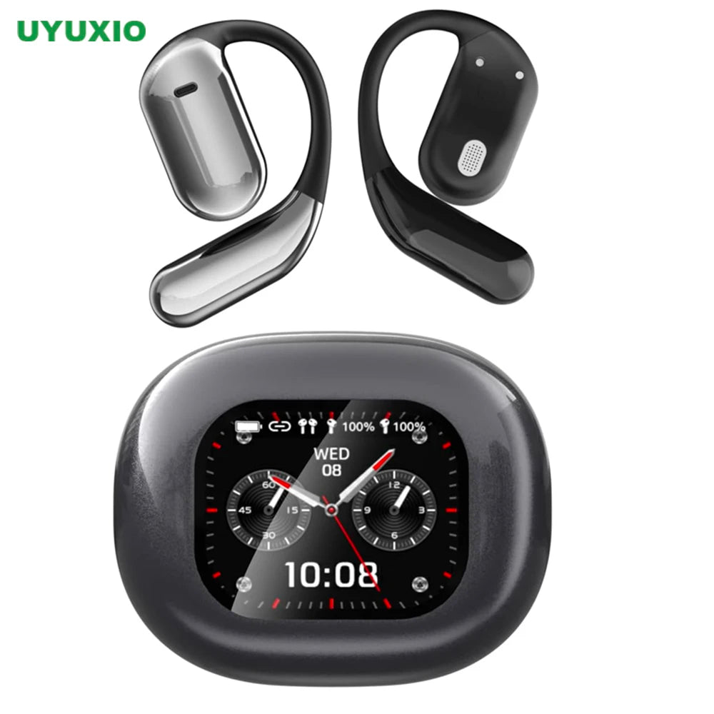 Black and silver wireless earbuds with a smartwatch display on a white background