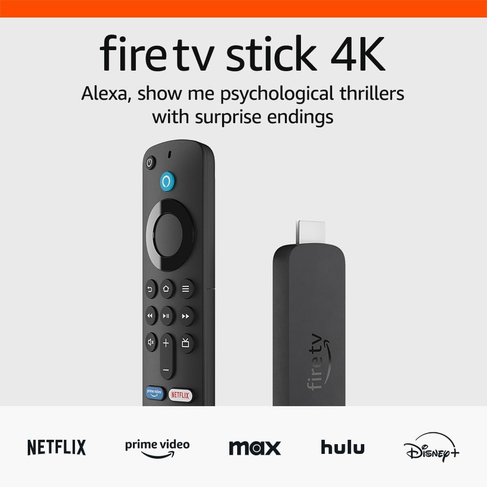An advertisement for the Fire TV Stick 4K device showing the device and remote with logos for Netflix, Prime Video, Max, Hulu, and Disney+ on the screen, against a white background with text inviting users to ask Alexa to show psychological thrillers with surprise endings.