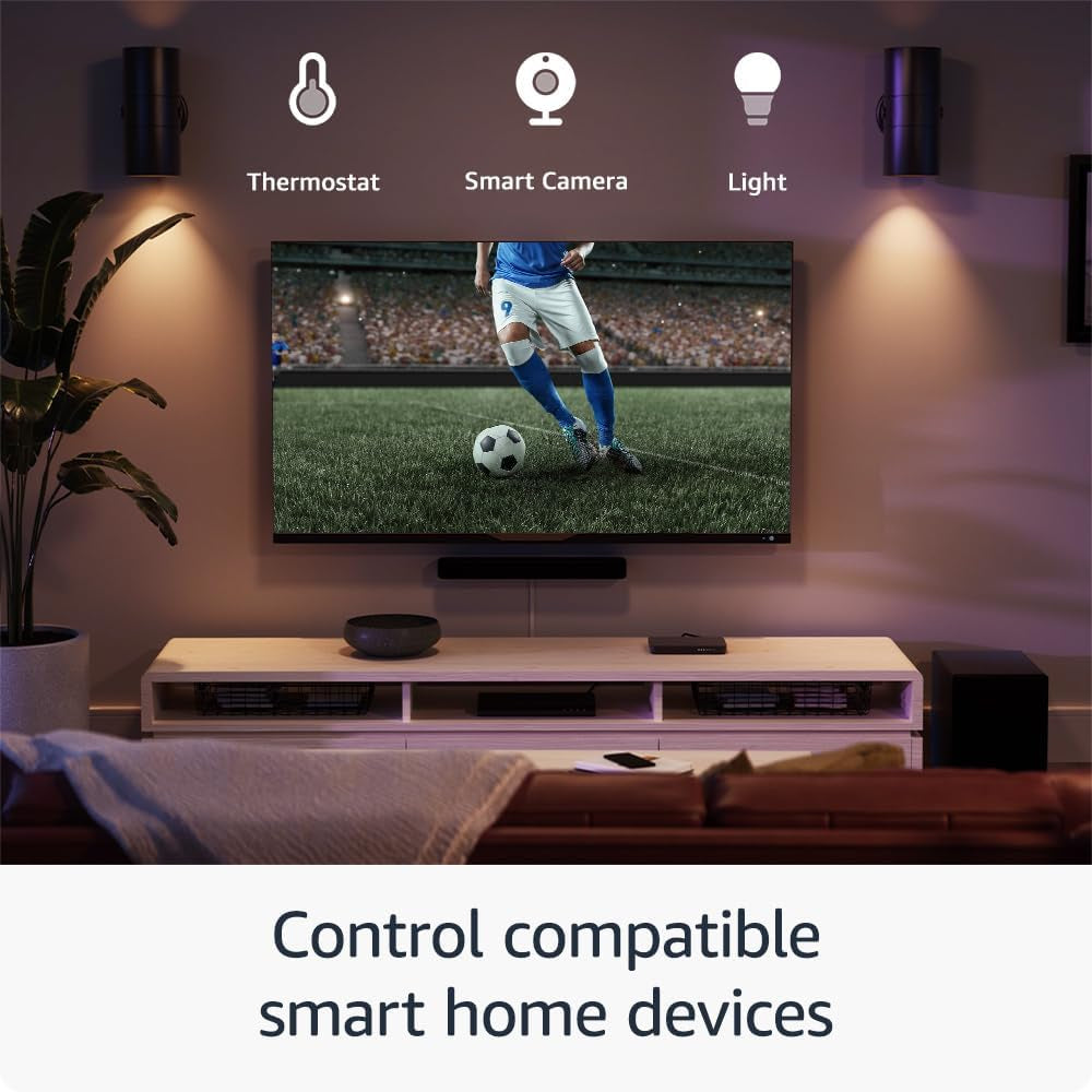 AI Powered Fire TV Stick displayed streaming on a mega screen tv in living room area with a soccer match on display and tech features at top and bottom highlighting bonuses and compatibility.