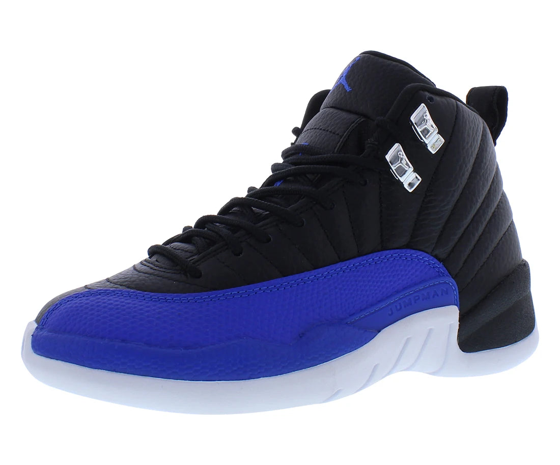 Black and blue sneaker jordan 12 on a white background