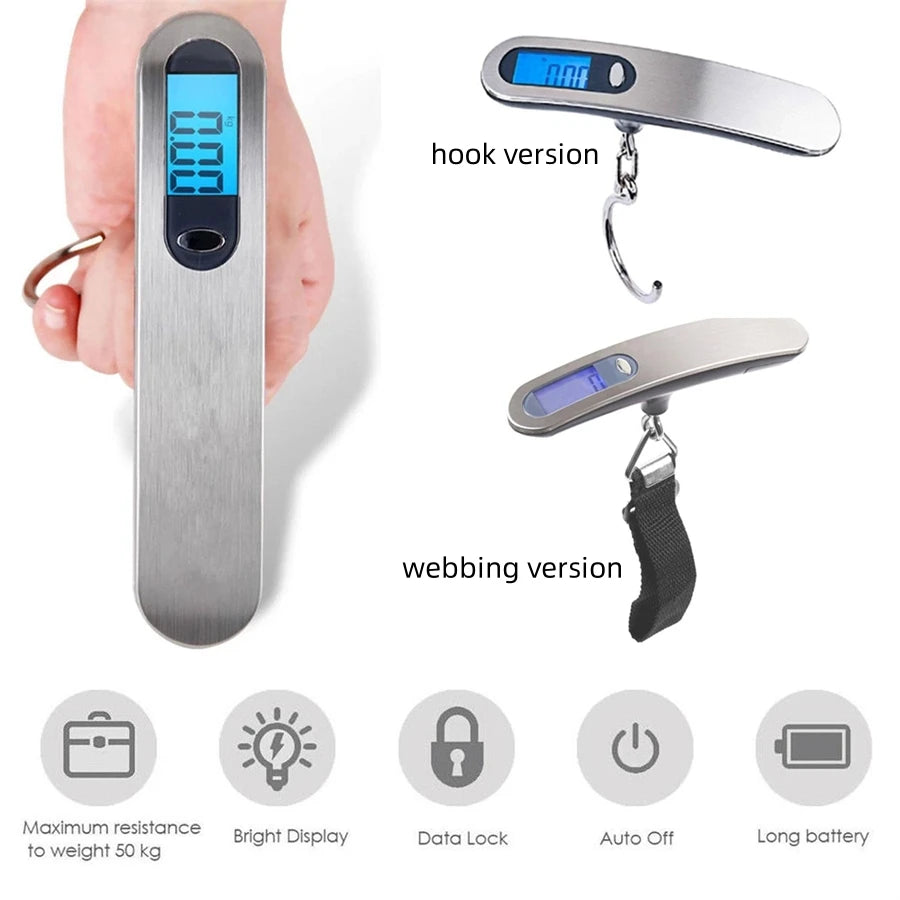 'AirportPRO Digital Luggage Scale'  being shown with both fish hook and belt strap applications and use cases for each.