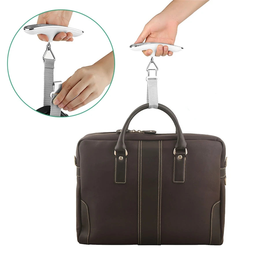 Brown briefcase travel bag with a handle being lifted by a hand, showing a close-up of the digital scale employing the belt strap method.