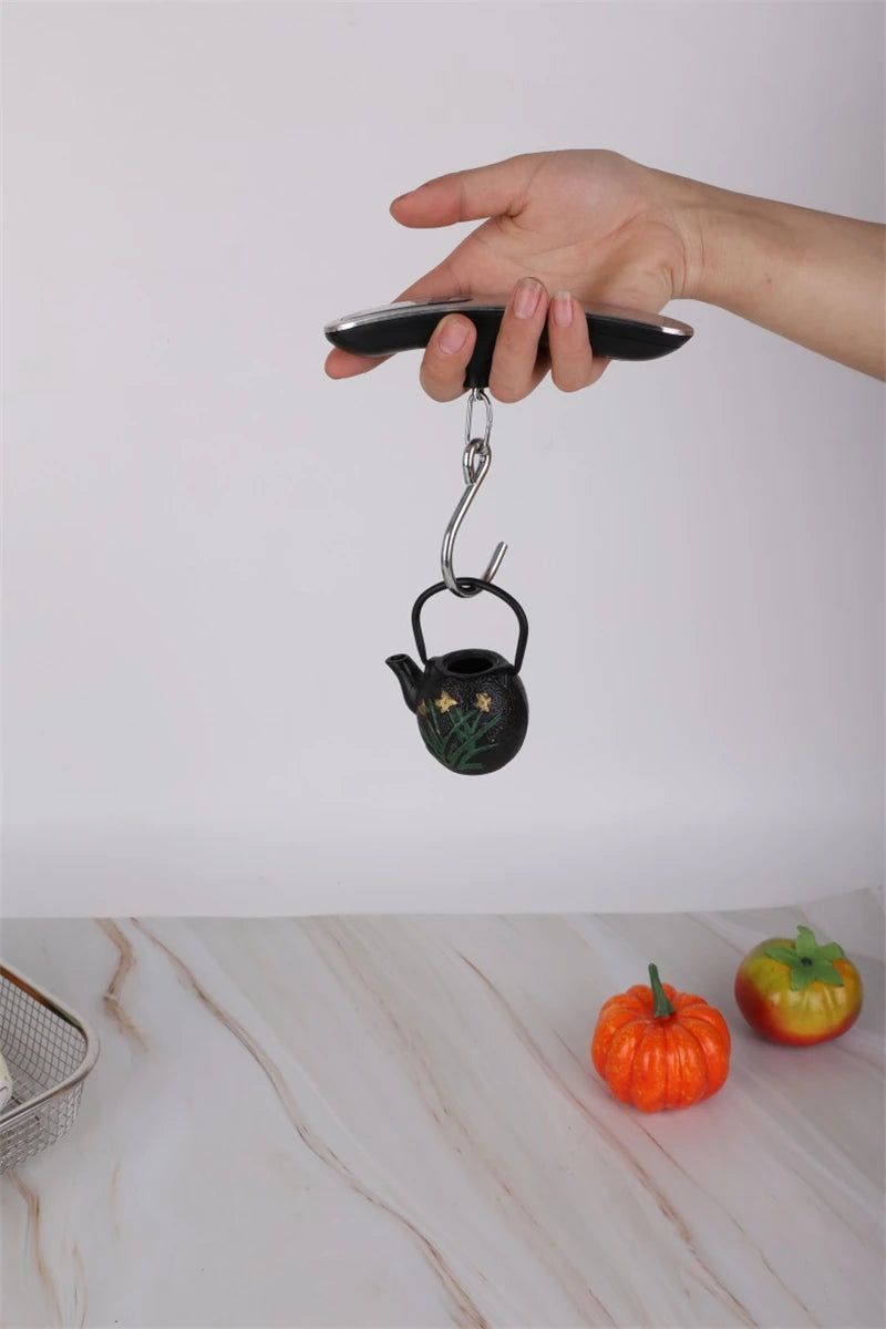 The AirportPRO digital hanging luggage scale with LCD screen being used in kitchen for food measurement and portion weight as well as weighing trinkets for display purpose.