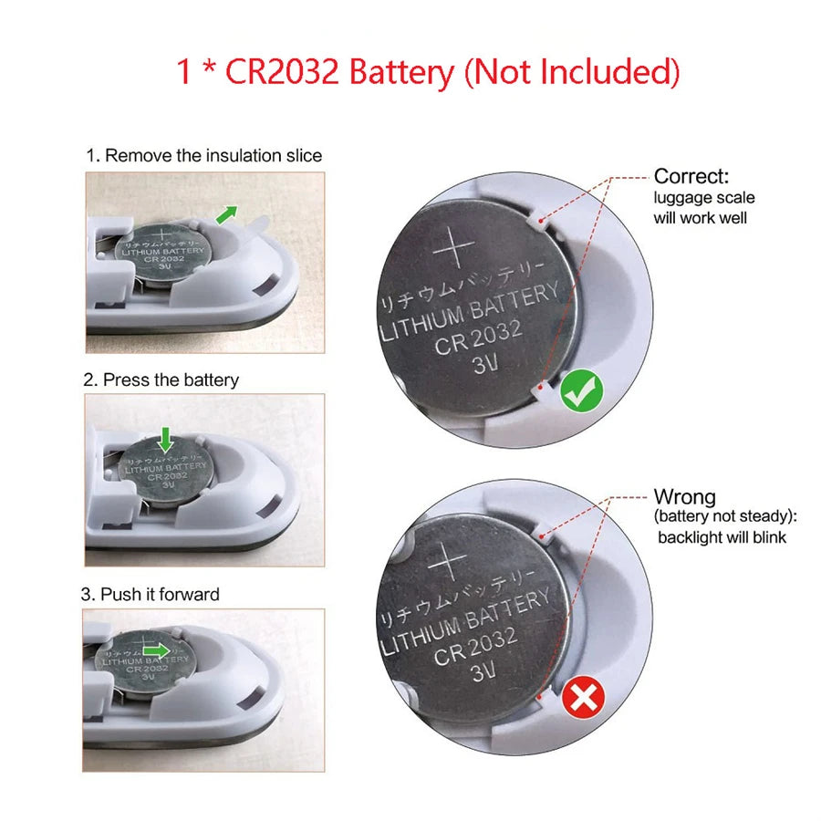 The AirportPRO digital hanging luggage scale with LCD screen for travel weight check. Lithium Batteries (CR2032 3V) not included for safest delivery in transit. Chart shows proper battery installation method.