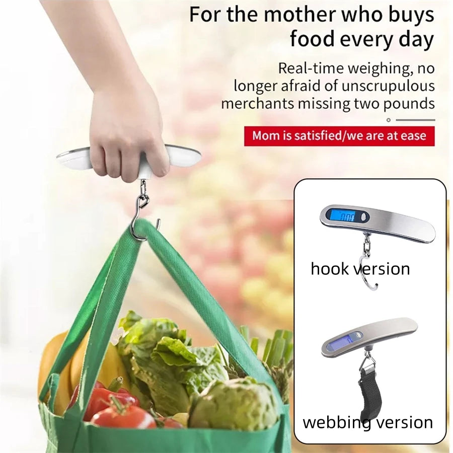 Hand holding 'AirportPRO Digital Scale' with a green bag of groceries and text about weight measurement, showing two scale variant options.