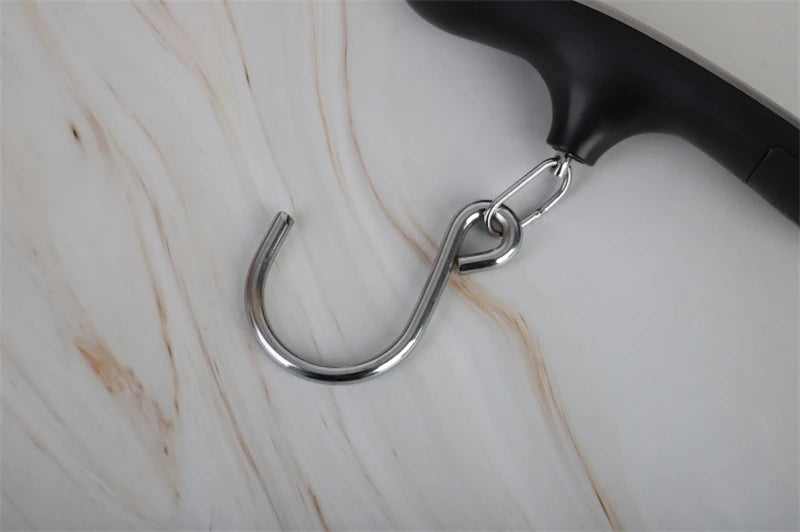 The AirportPRO digital hanging luggage scale with LCD screen for travel weight check focus on fish hook lifting point, sturdy design.