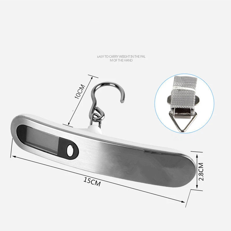 Metallic hanging scale with dimensions and strap details on a white background