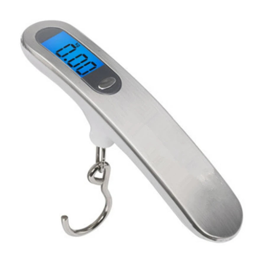 'AirportPRO Digital Luggage Scale' not in use, only modeling, with fish hook and blue lcd display at 0.00 reading.
