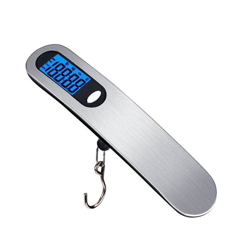 Digital luggage scale with a blue LCD screen display and fish hook for weight.