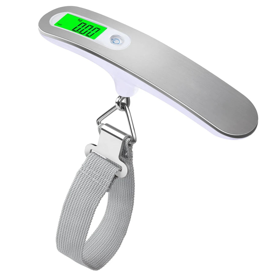 'AirportPRO Digital Hanging Luggage Scale' with white belt strap lift point option.