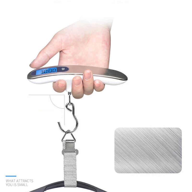 AirportPRO digital luggage scale held by strap.