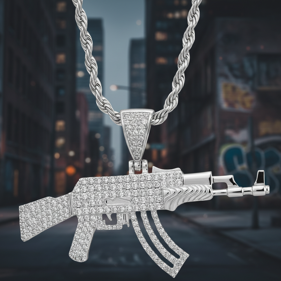 Silver AK47 gun-shaped pendant on a cityscape background