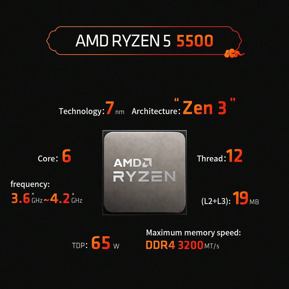 AMD Ryzen 5 5500 processor specifications on a black background