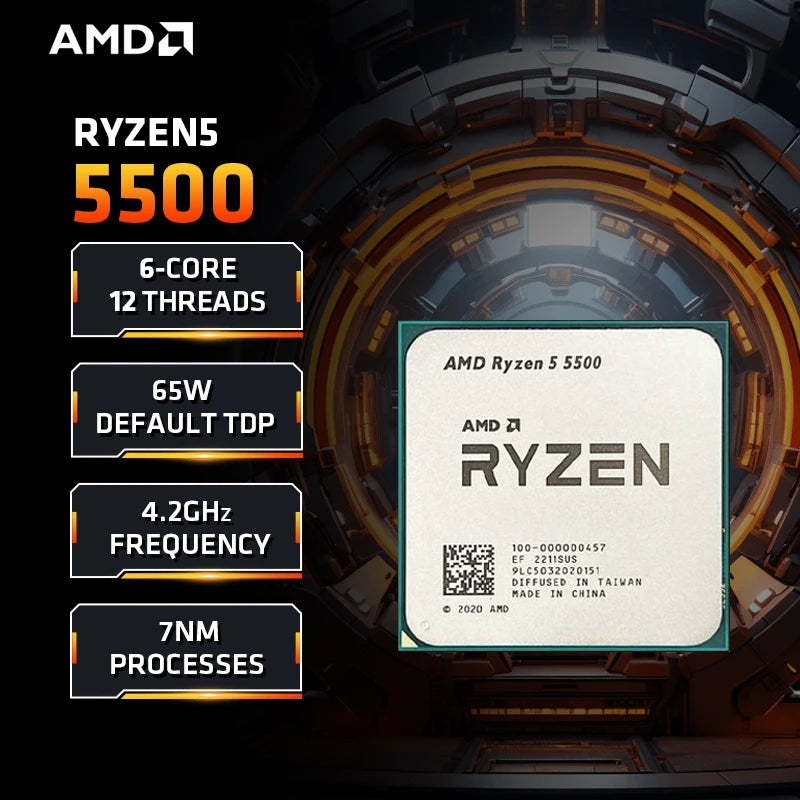 AMD Ryzen 5 5500 processor with specifications on a dark background