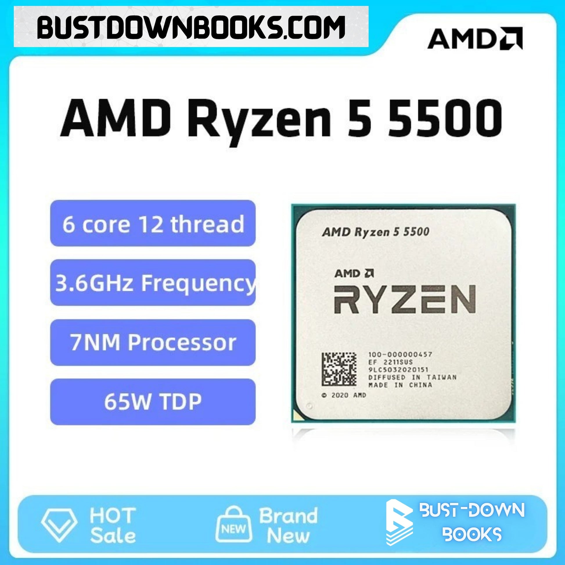 AMD Ryzen 5 5500 processor with specifications on a blue and white background