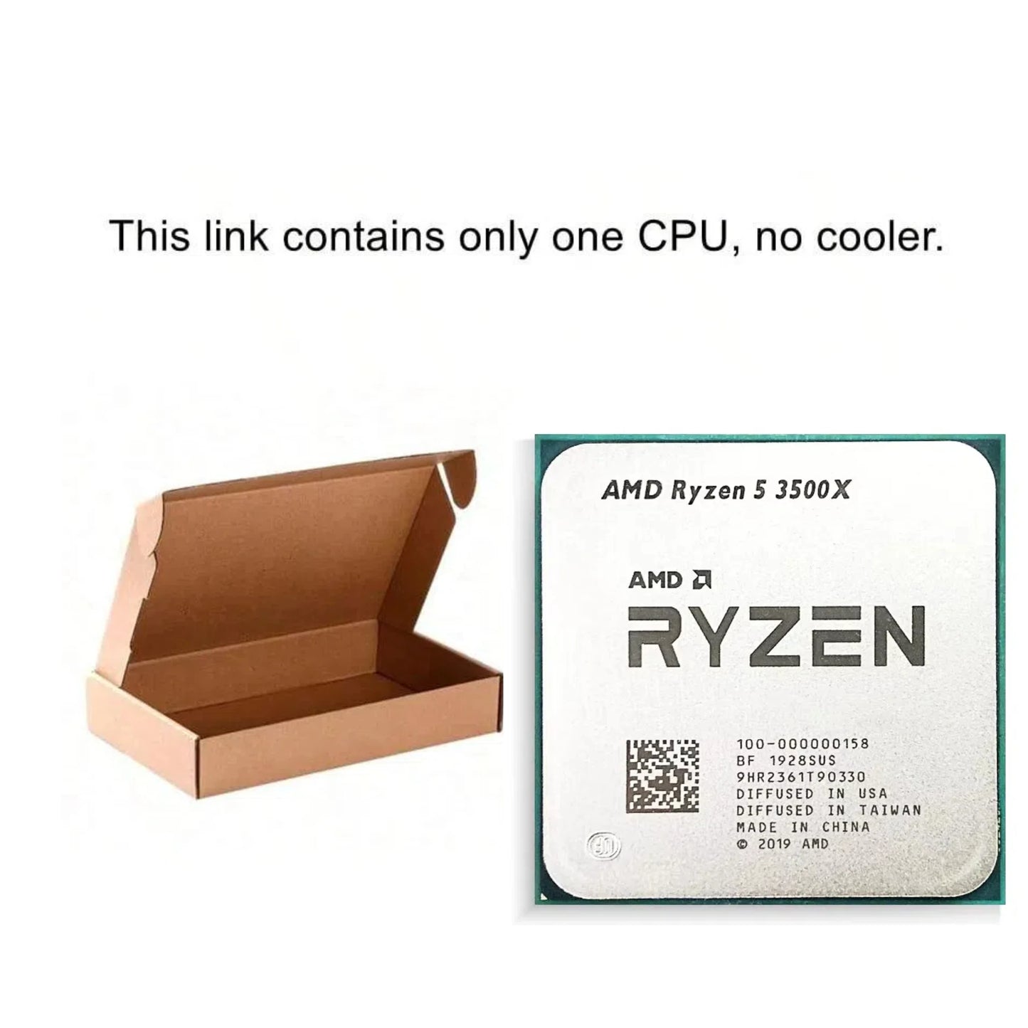 AMD Ryzen 5 3500X CPU with an open cardboard box on a white background