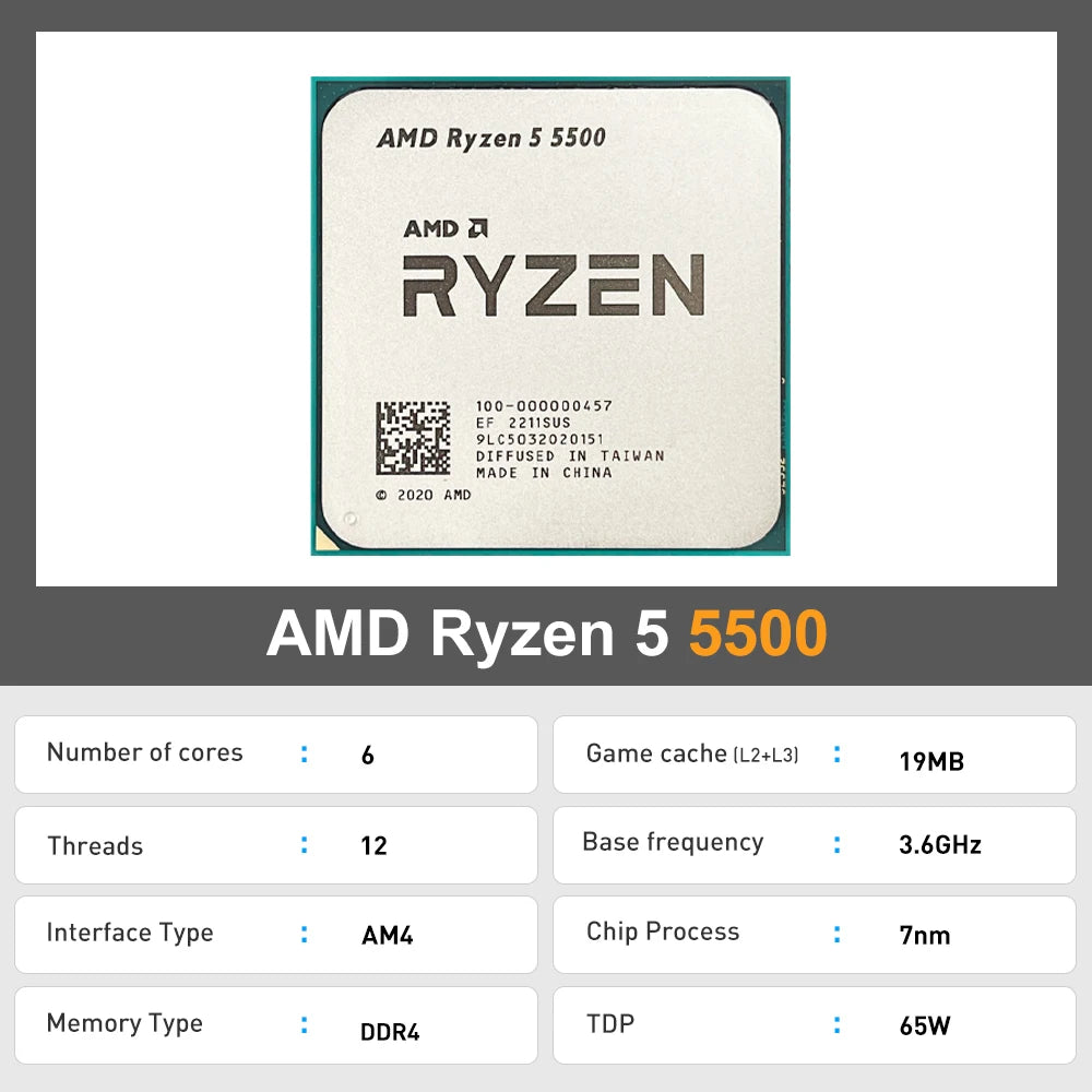 AMD Ryzen 5 5500 processor with specifications below on a gray background
