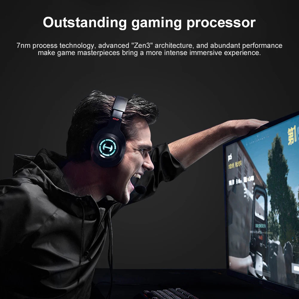 Person wearing headphones playing a game on a computer with text about gaming processor technology.