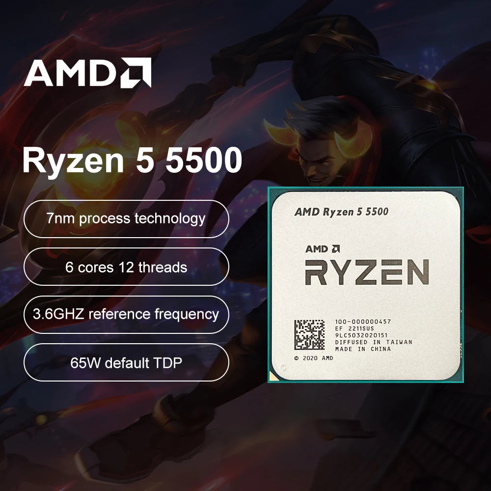 AMD Ryzen 5 5500 processor with specifications on a dark background