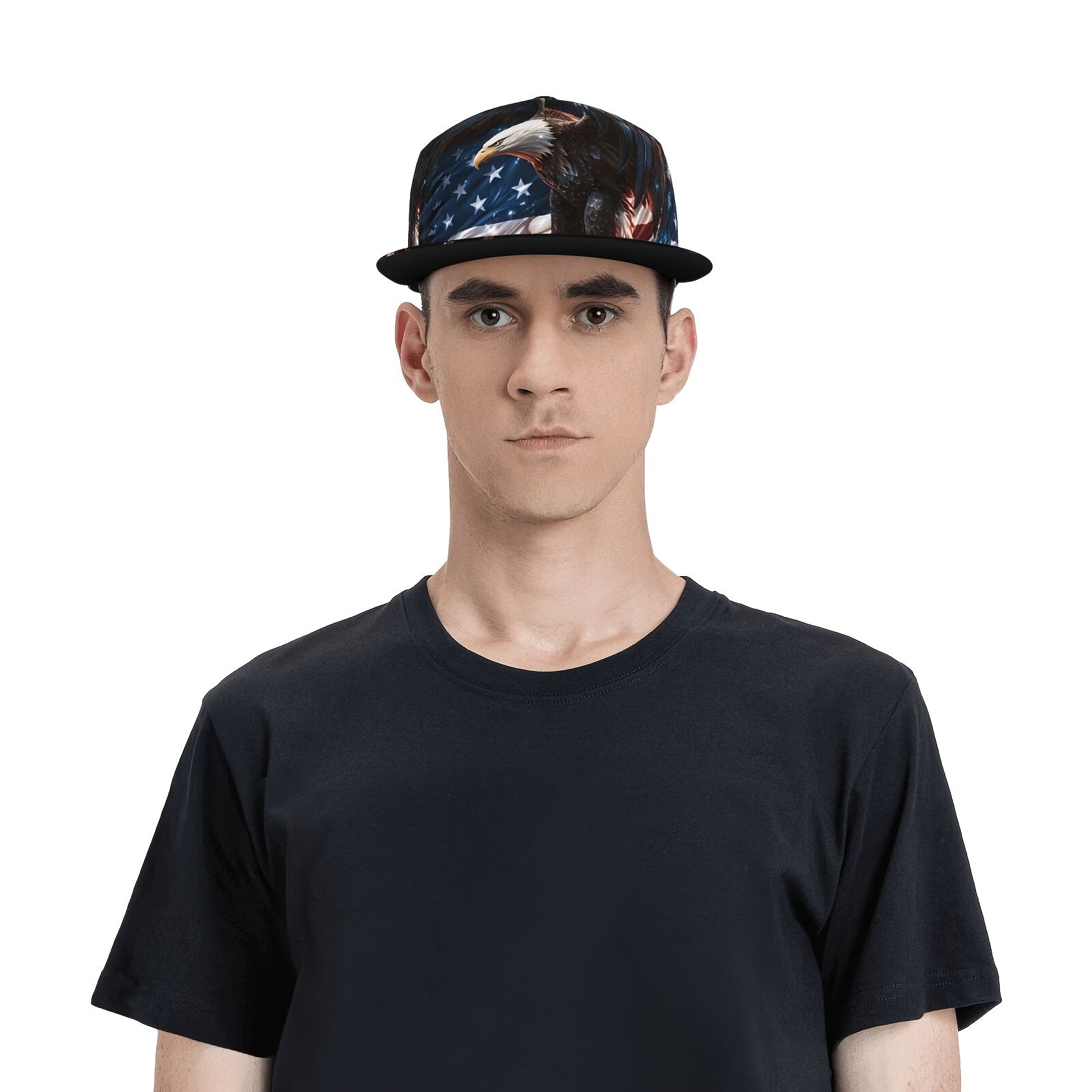 Person wearing an American Flag snapback cap with an eagle and Old Glory design on a white background