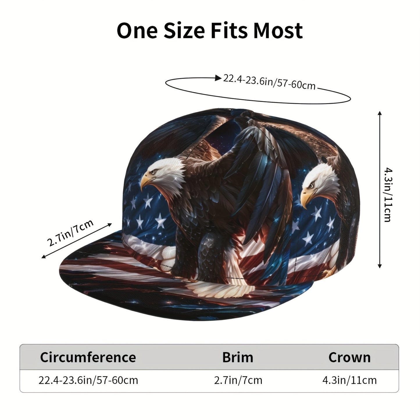 Cap with eagle and American flag design, showing measurements on a white background