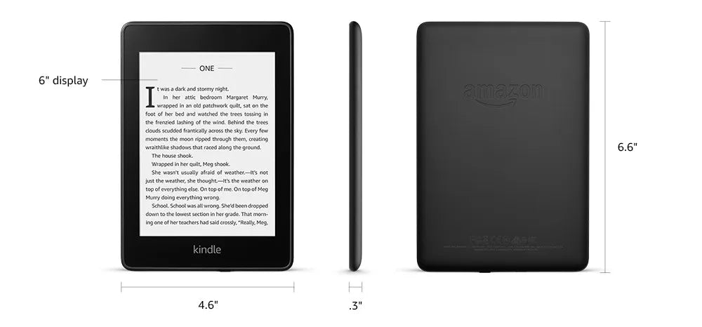 Black Amazon Kindle device with dimensions and screen display shown