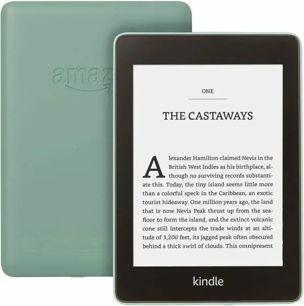 Kindle device with a turquoise e-book case displayed on a white background