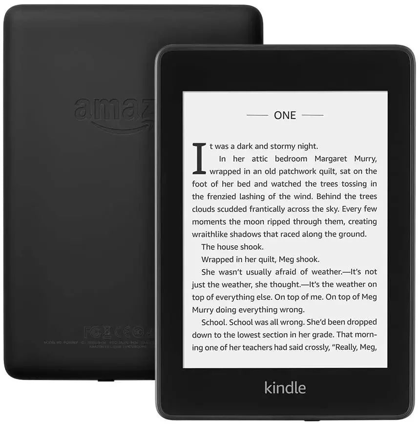 Black Amazon Kindle device with screen displaying text and back view showing Amazon logo.