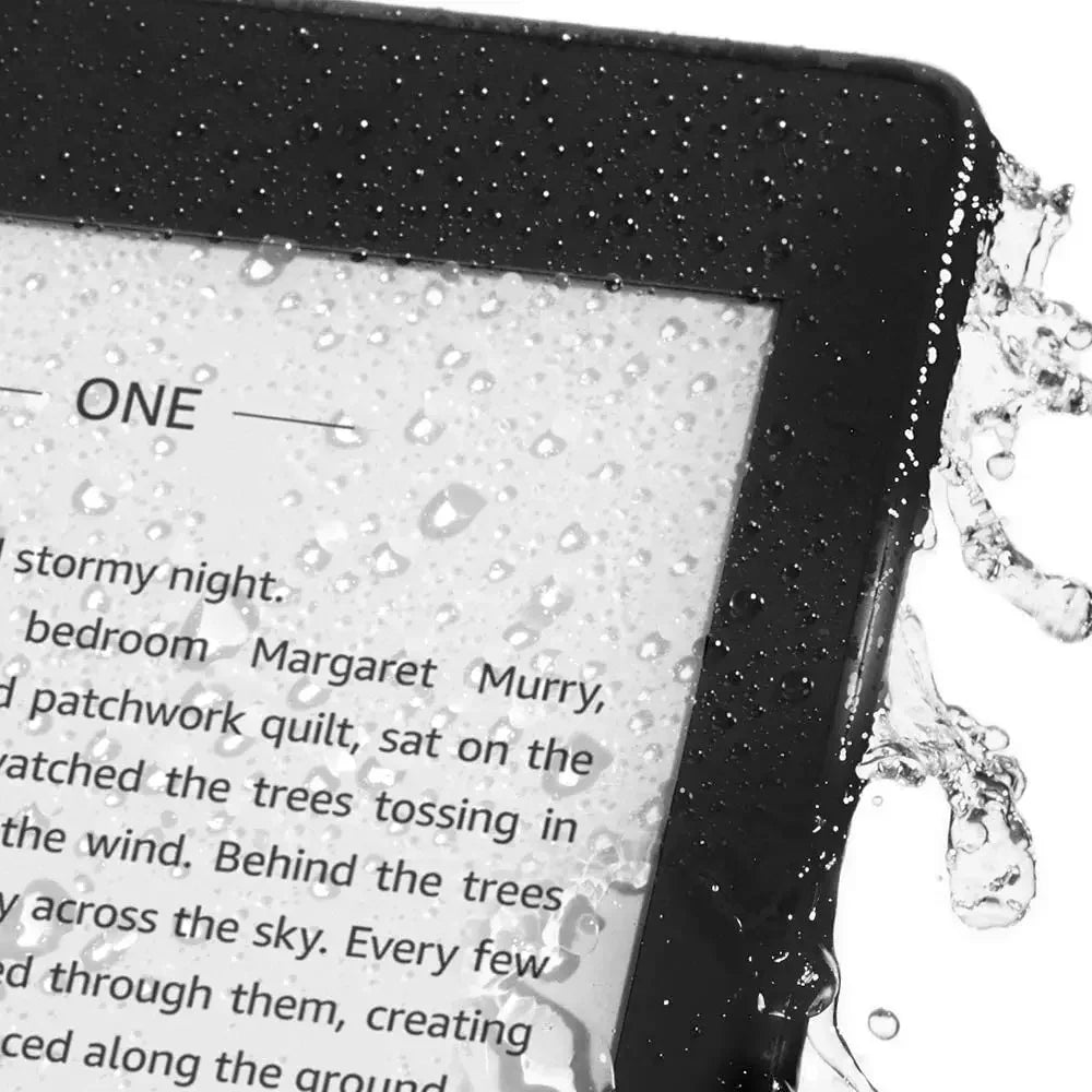 E-reader with water splashing around it, showing water resistance.