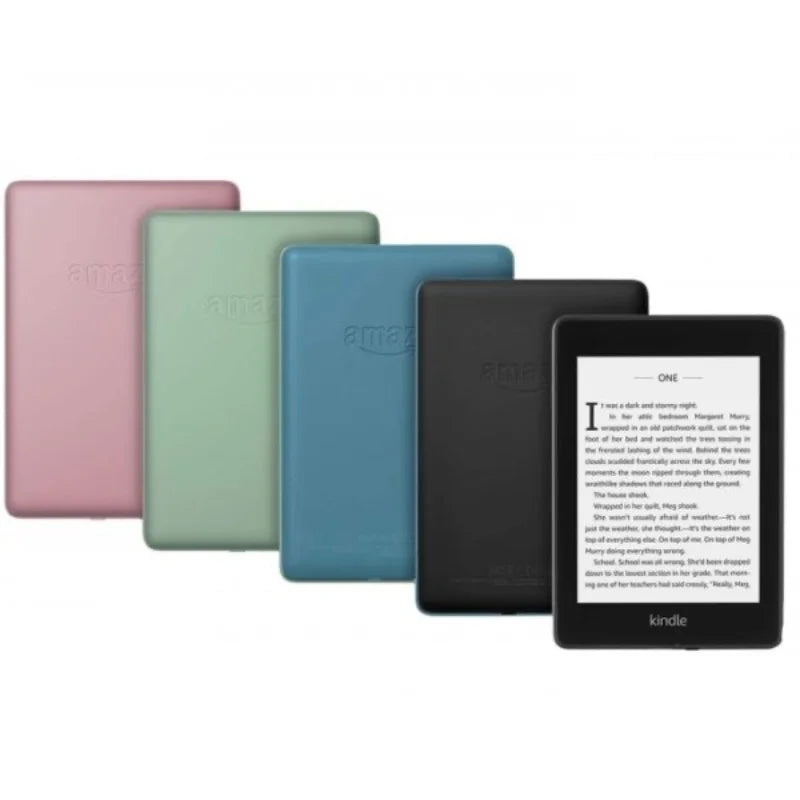 Five different colored e-readers on a white background