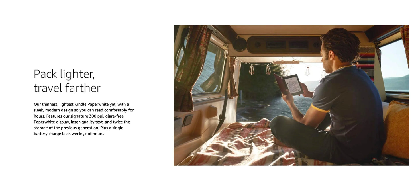 Pre-owned Amazon Kindle Paperwhite 10th Generation featuring a 6-inch 300ppi glare-free display. Man reading in camper van.