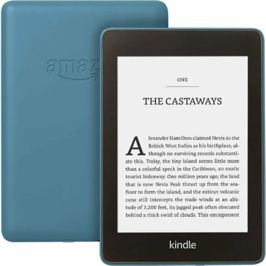 Kindle device with a blue cover on a white background