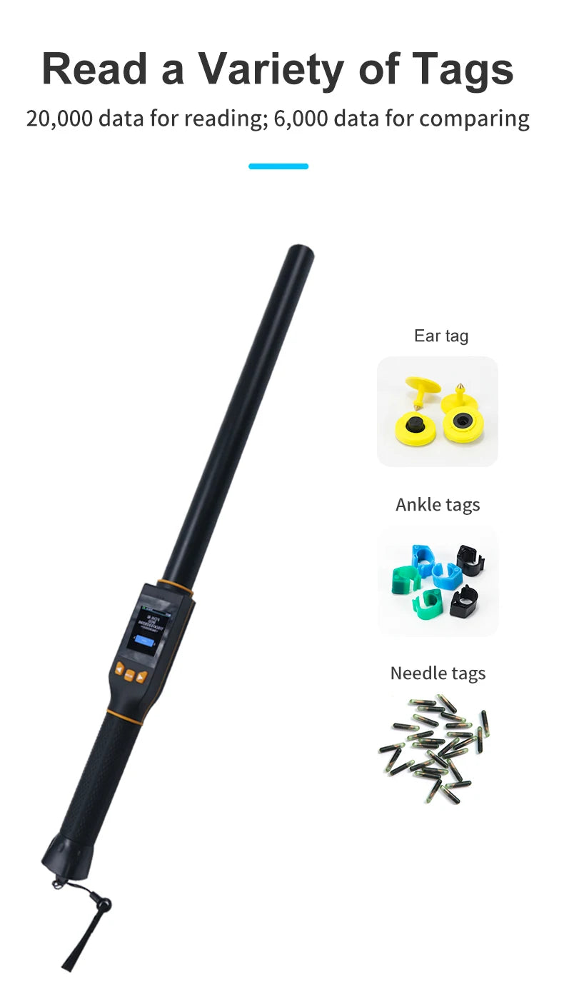 Scanner for reading tags with examples of ear, ankle, and needle tags on a white background.