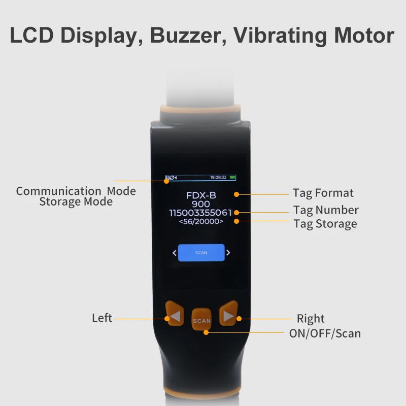 Chip Tracker Wand for pets close-up with labeled components including LCD display, buzzer, and vibrating motor on a gray background.