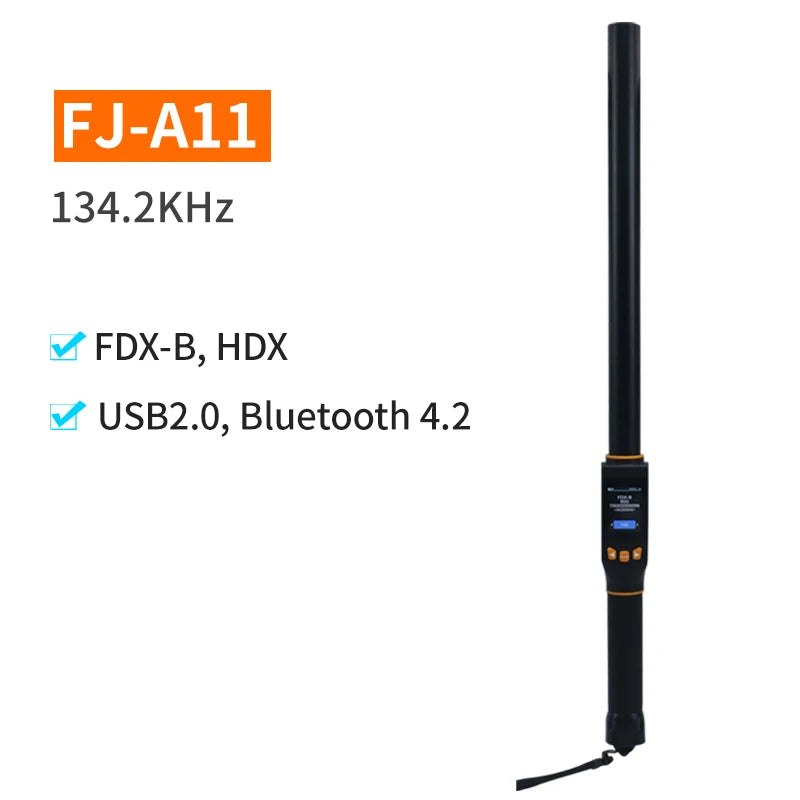 Black antenna with technical specifications on a white background