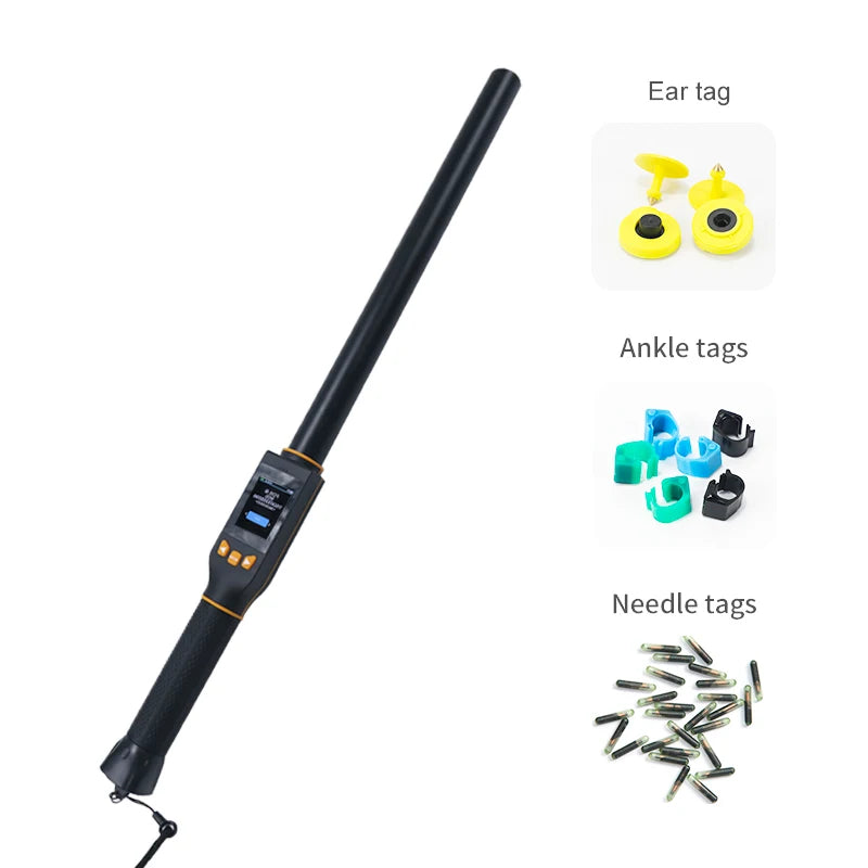 Black electronic device with various tags displayed on a white background