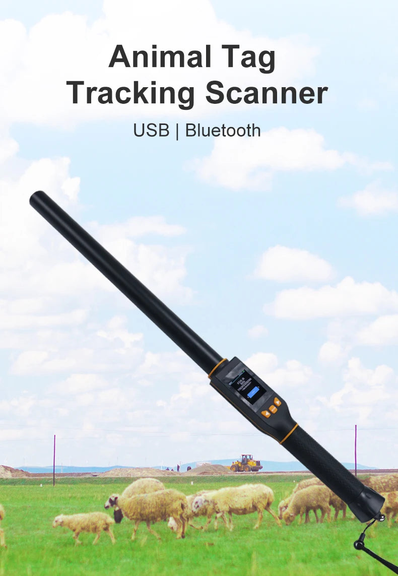 Animal Tag Tracking Scanner with sheep in a field on a blue sky background