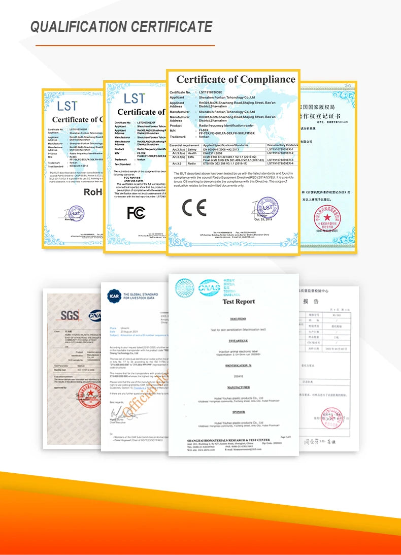 Collection of certification and compliance documents on a white background